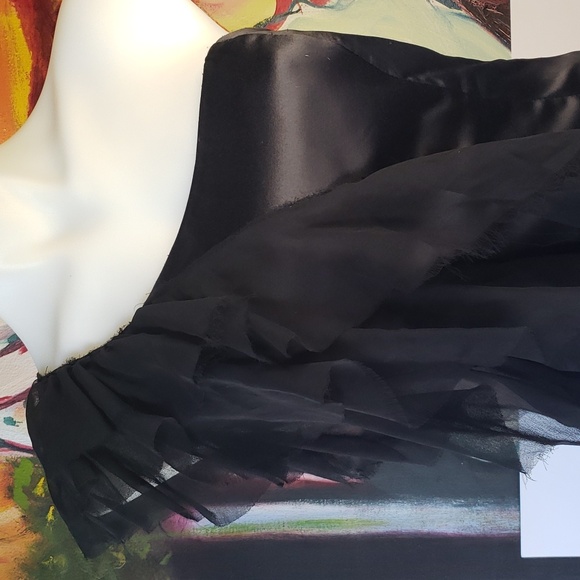 Shiny Jet Black off the shoulder raw edge ruffle assymetrical satin mini dress - Picture 5 of 11